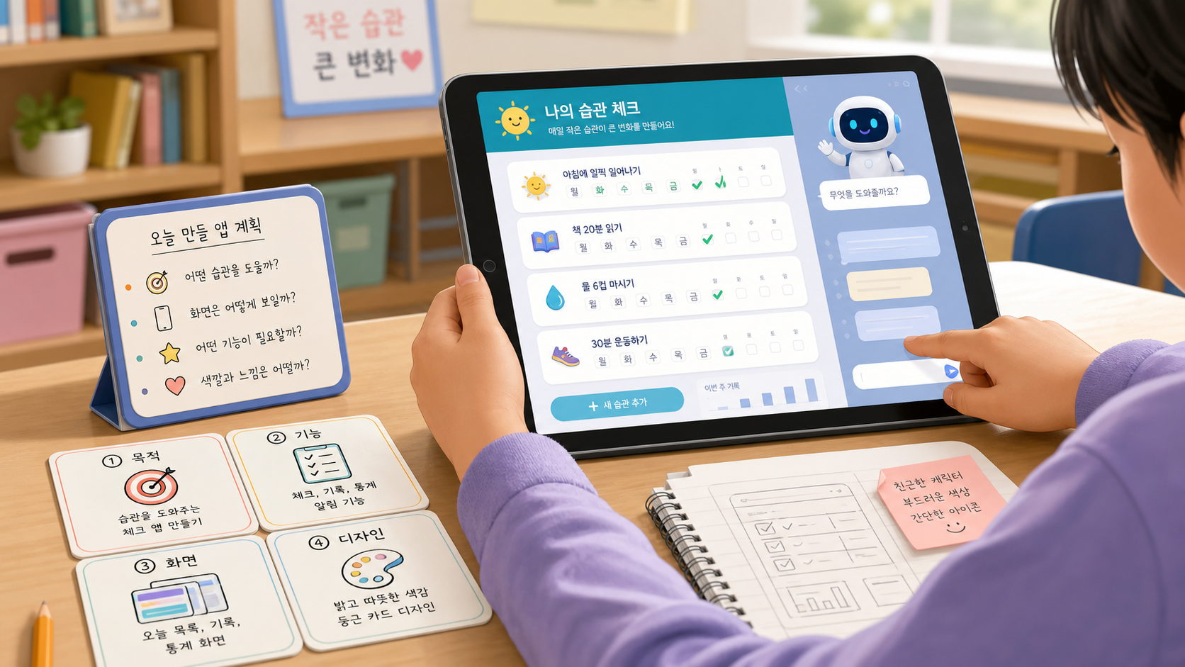 학생이 앱 화면과 기능 카드를 보며 AI 앱 명령을 정리하는 수업 이미지