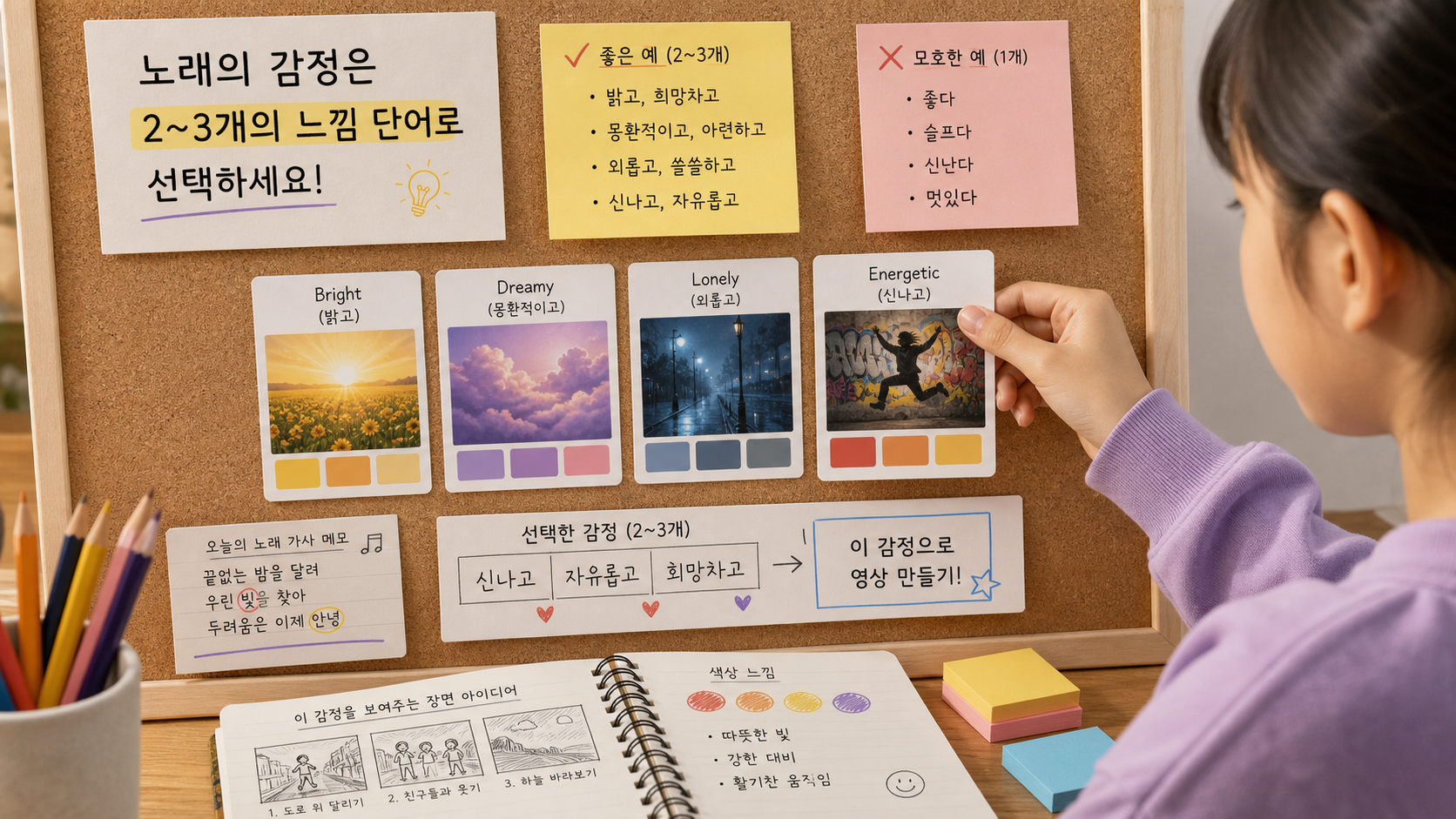 노래 감정을 2~3개의 단어로 고르는 수업 보드