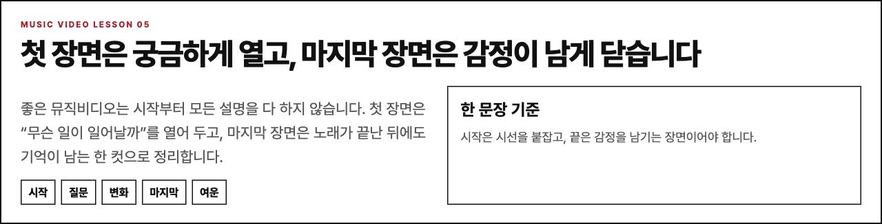 뮤직비디오의 시작과 끝을 설명하는 수업 보드