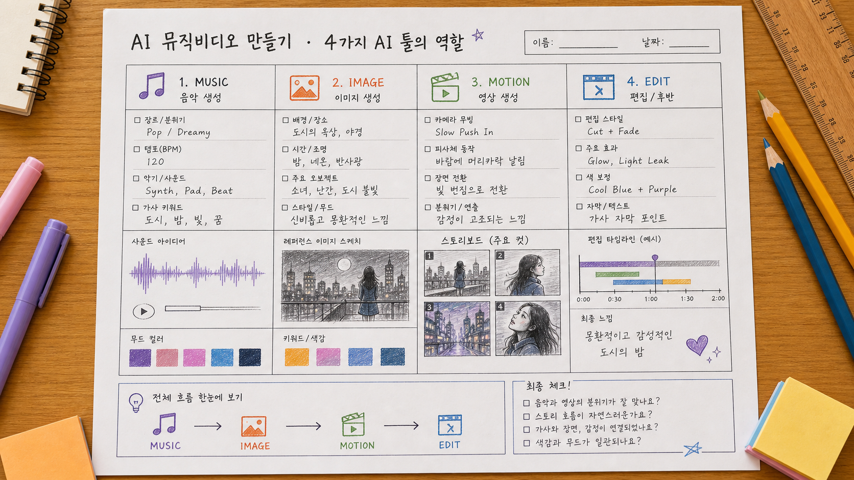 음악 이미지 영상 편집 네 역할을 나눠 적는 학생용 AI 뮤직비디오 워크시트