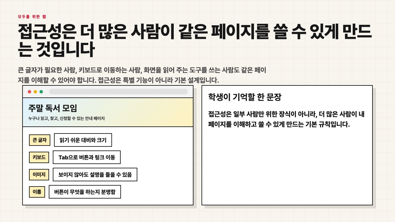 접근성이 더 많은 사람이 같은 페이지를 쓸 수 있게 만든다는 수업용 화면