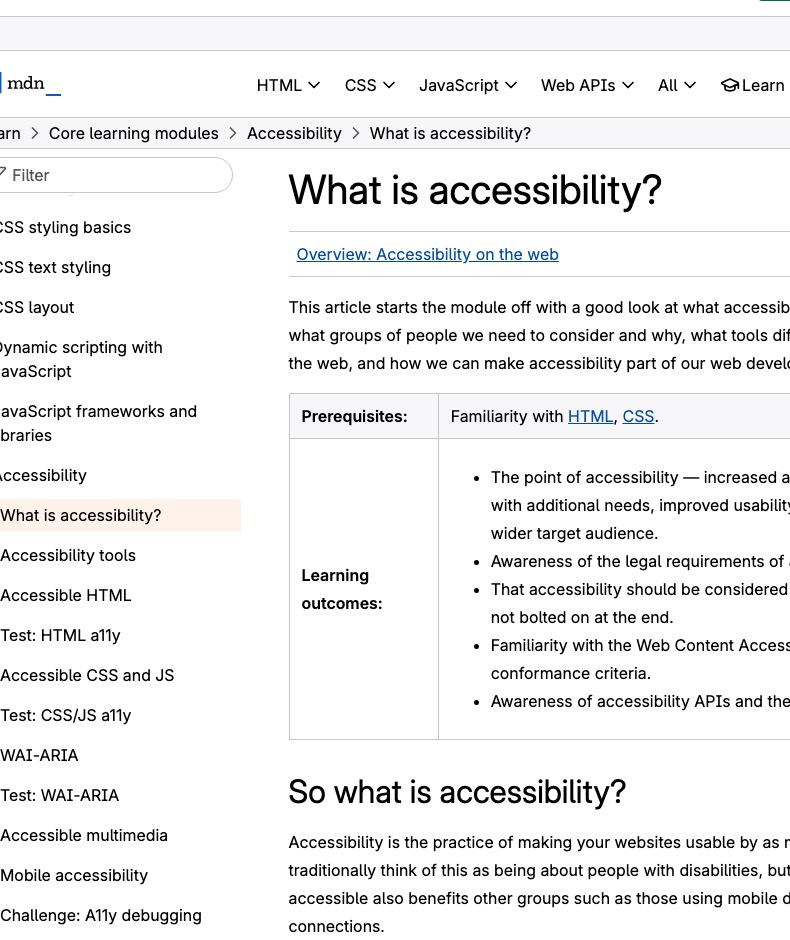 MDN의 What is accessibility 문서 화면