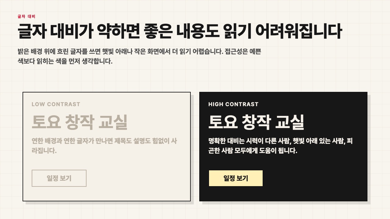 낮은 대비와 높은 대비를 비교한 접근성 수업 화면