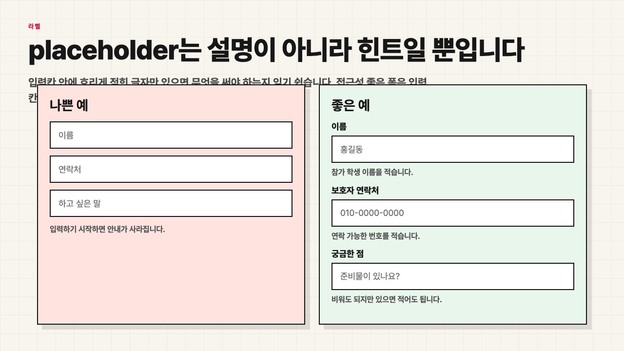 placeholder만 있는 폼과 라벨이 있는 폼을 비교한 접근성 수업 화면