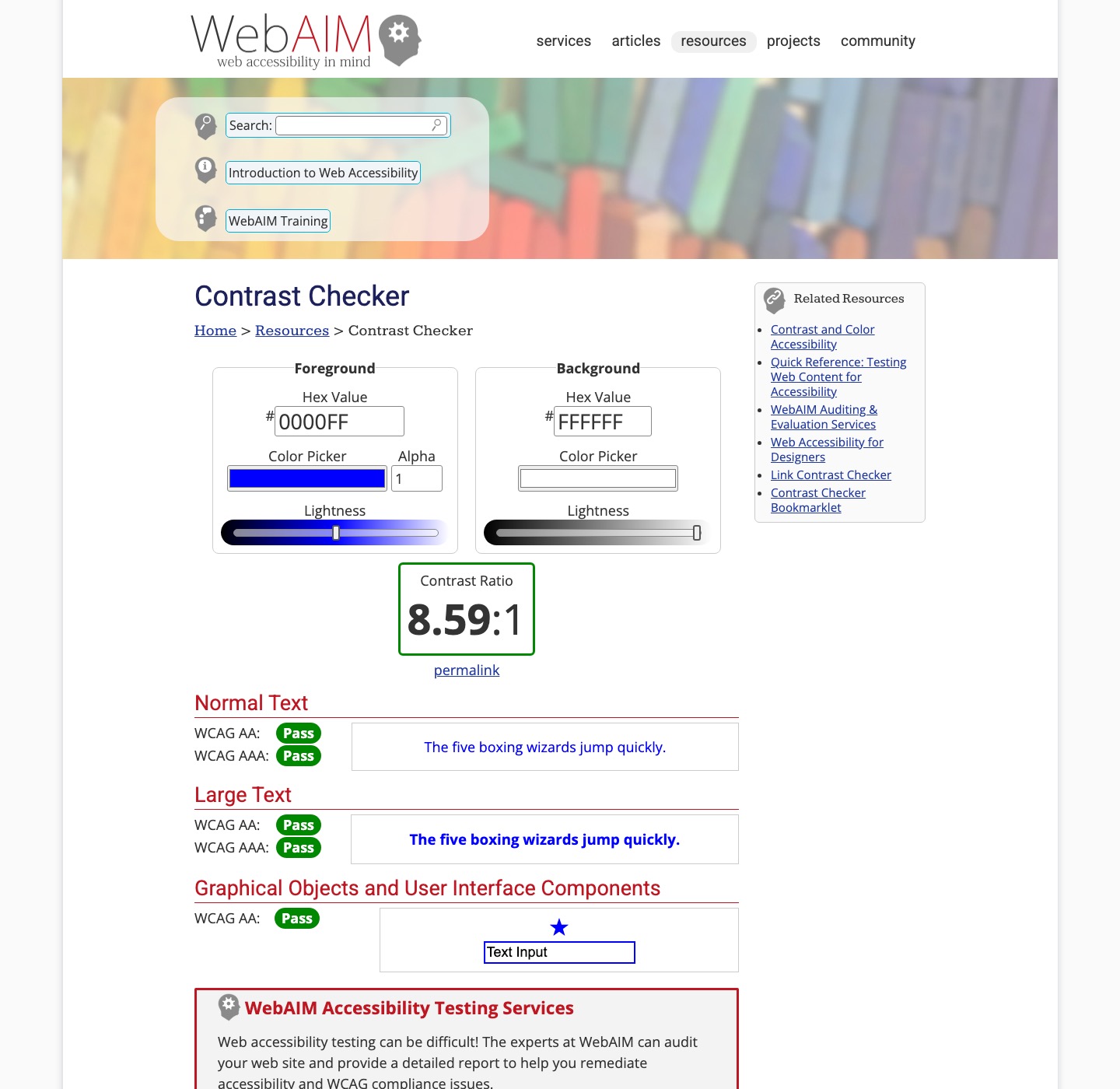 WebAIM Contrast Checker 도구 화면