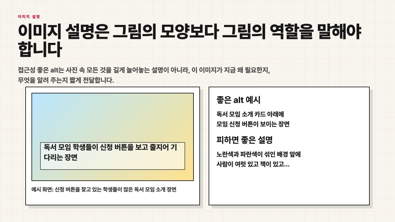 좋은 alt 설명과 피하면 좋은 설명을 비교한 접근성 수업 화면