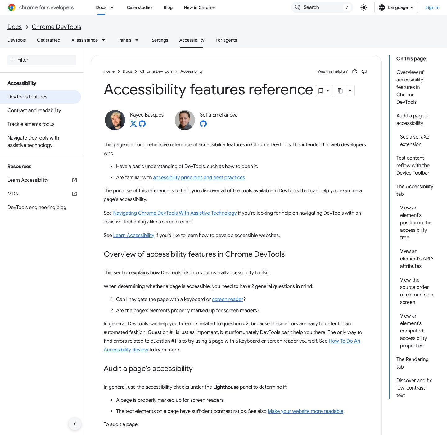 Chrome DevTools의 accessibility features reference 문서 화면