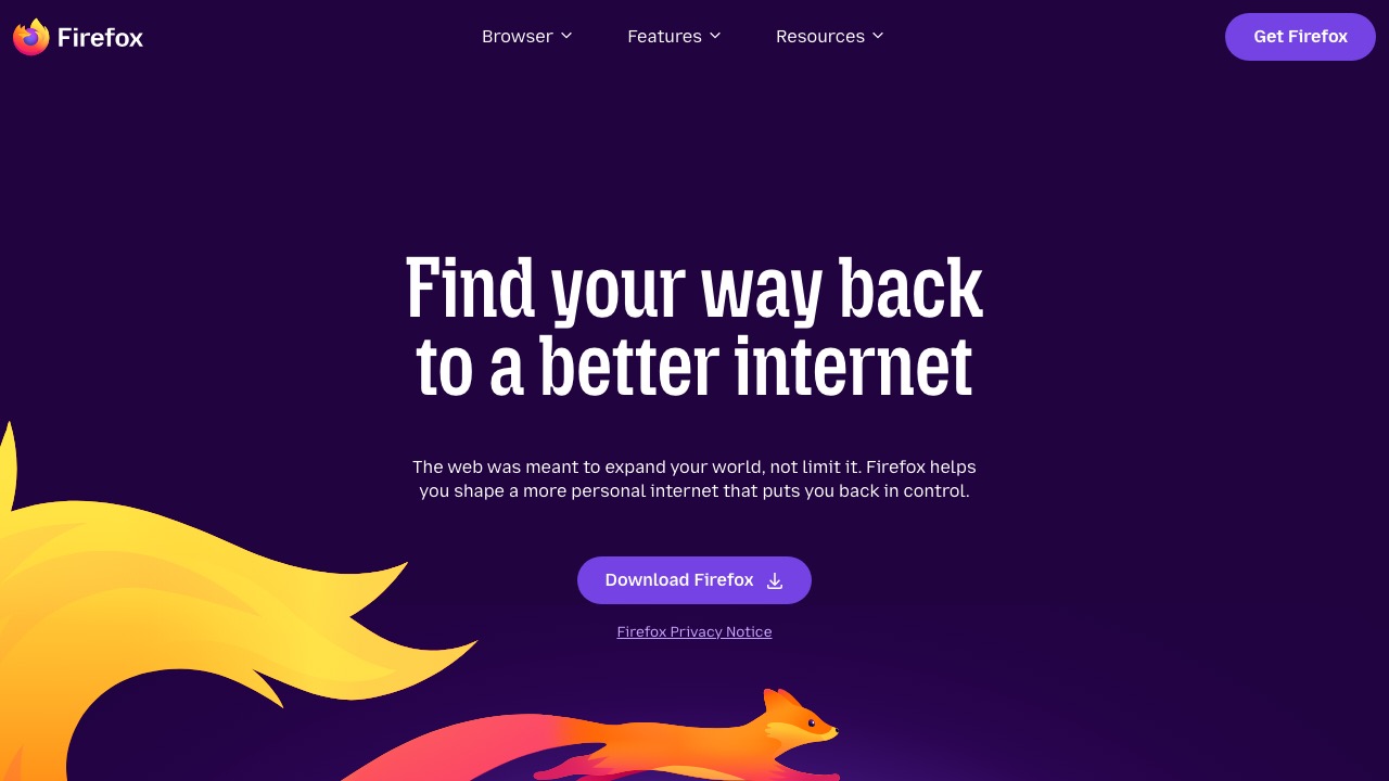Firefox 다운로드 버튼이 보이는 첫 화면 스크린샷