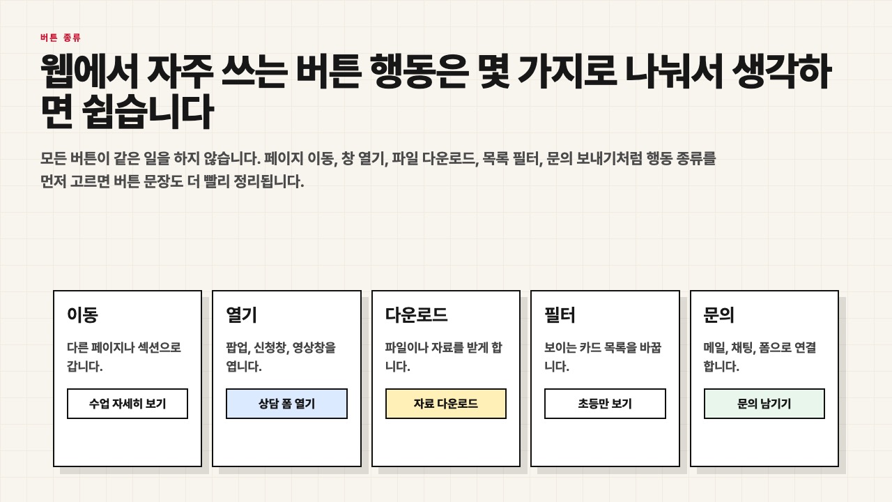 버튼 행동 종류를 이동 열기 다운로드 필터 문의로 나눈 수업용 장면