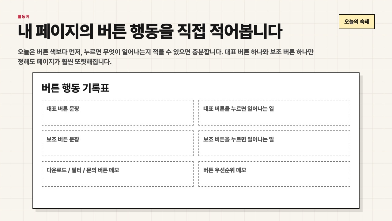 내 페이지의 버튼 행동을 직접 적어보는 활동지 장면