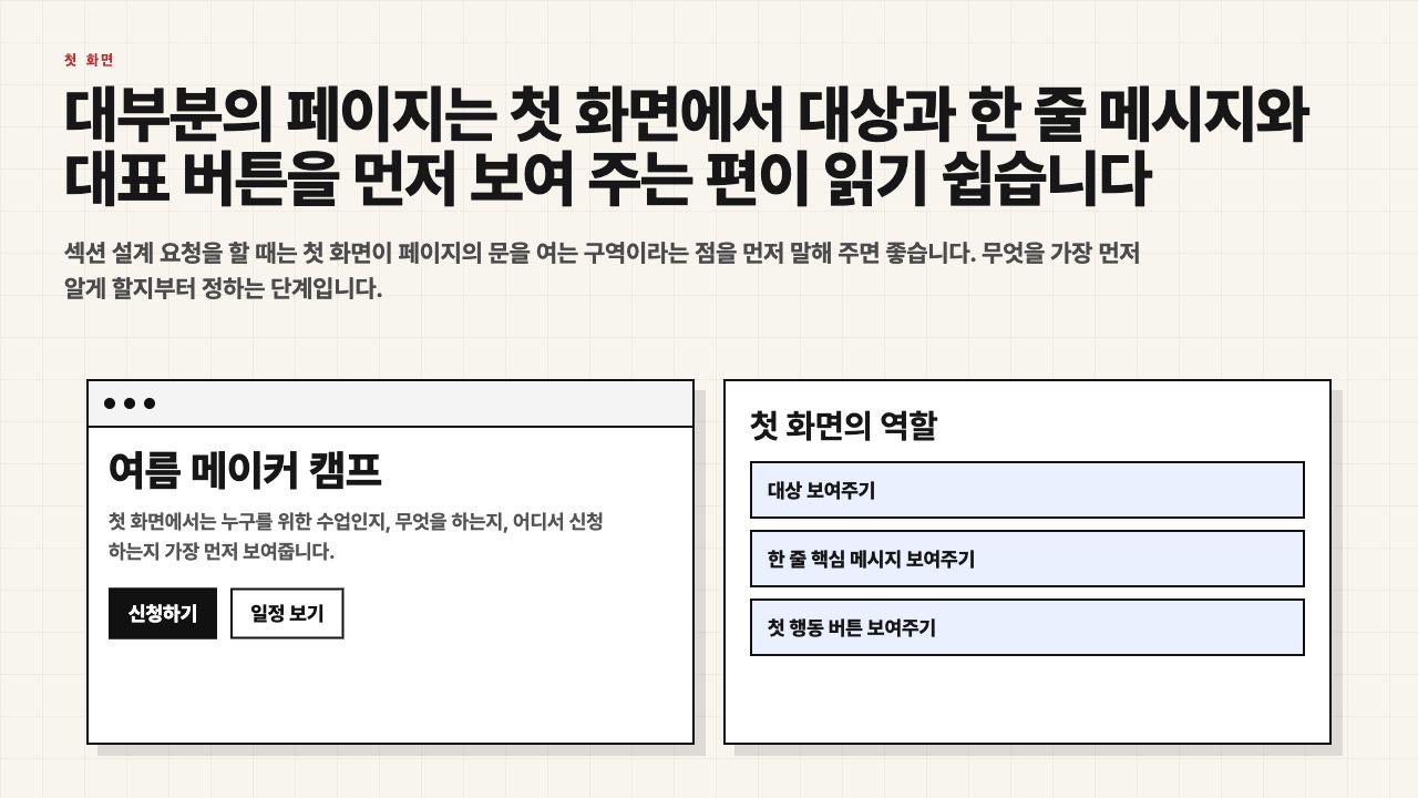 첫 화면 섹션의 역할을 설명하는 수업용 장면