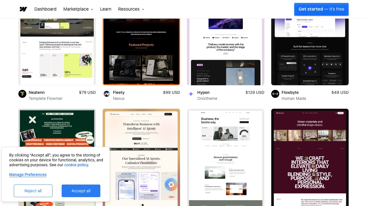 Webflow 템플릿 카드 스크린샷