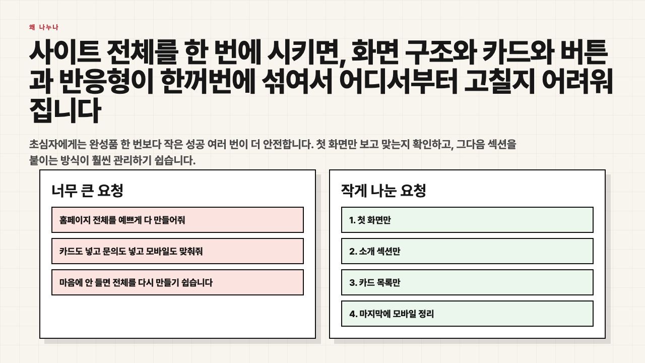 너무 큰 요청과 작은 단계 요청을 비교하는 수업용 장면