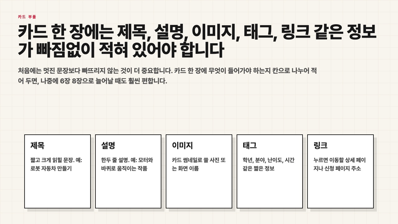 카드 한 장의 기본 재료를 나눈 수업용 장면