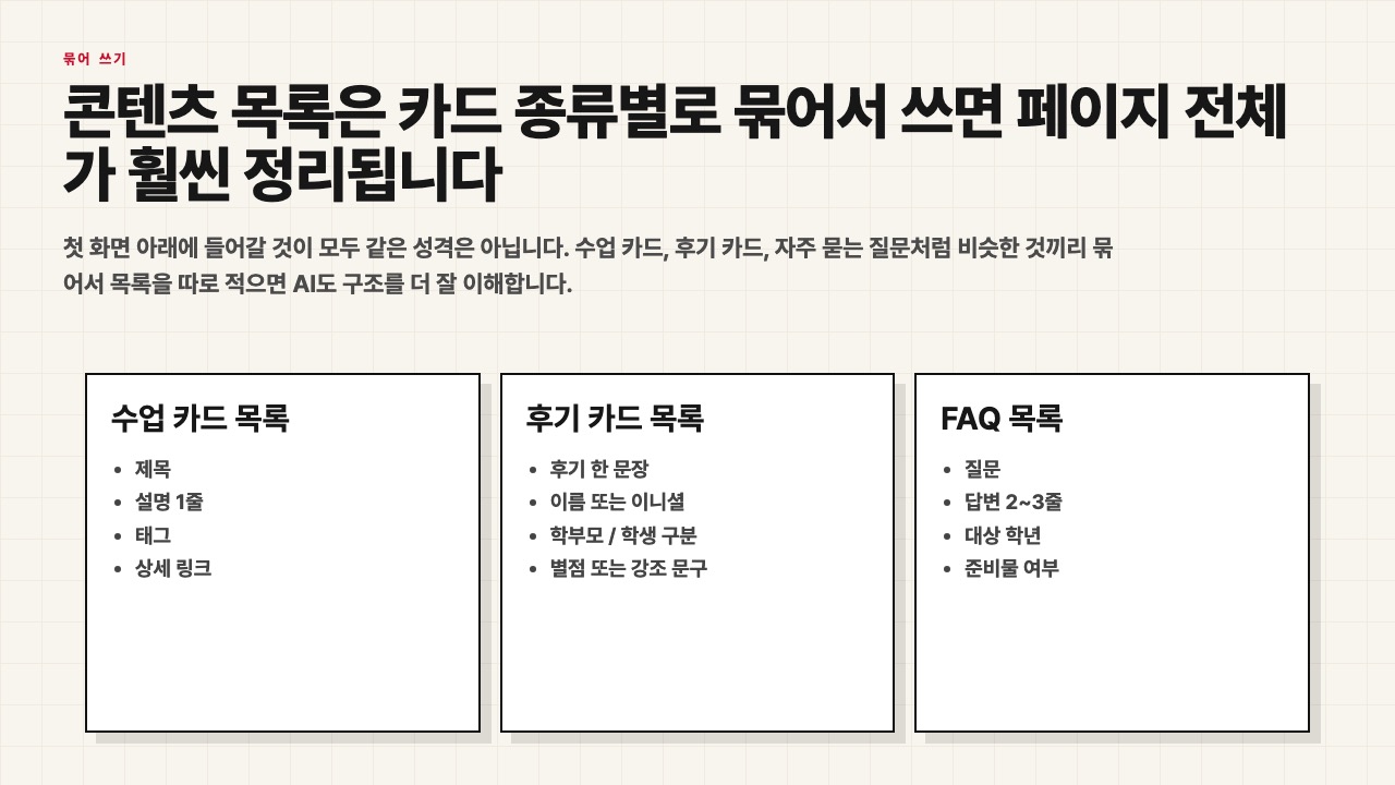 카드 종류별로 콘텐츠 목록을 묶어 쓰는 수업용 장면