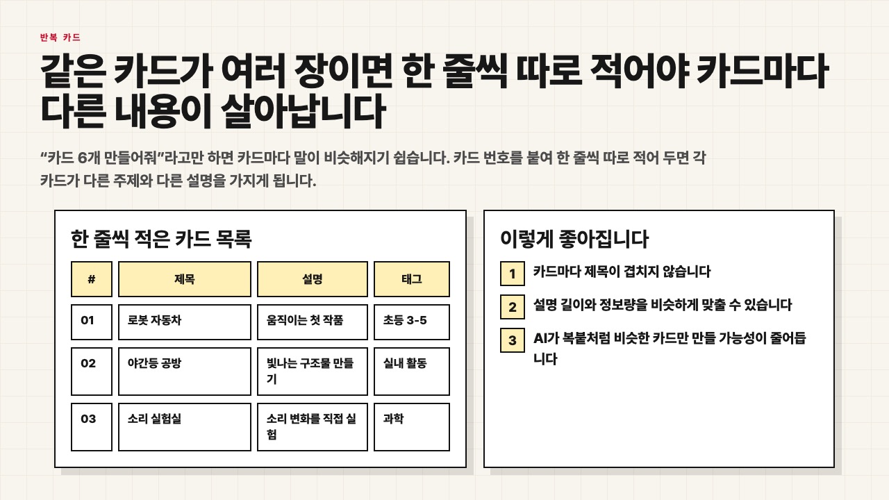 같은 카드가 여러 장일 때 한 줄씩 따로 적는 수업용 장면