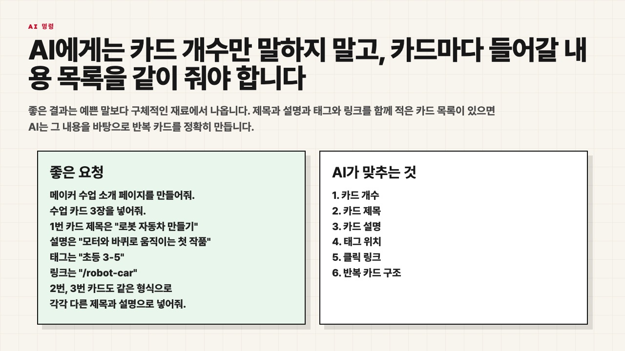 AI에게 카드마다 들어갈 내용 목록을 함께 주는 수업용 장면
