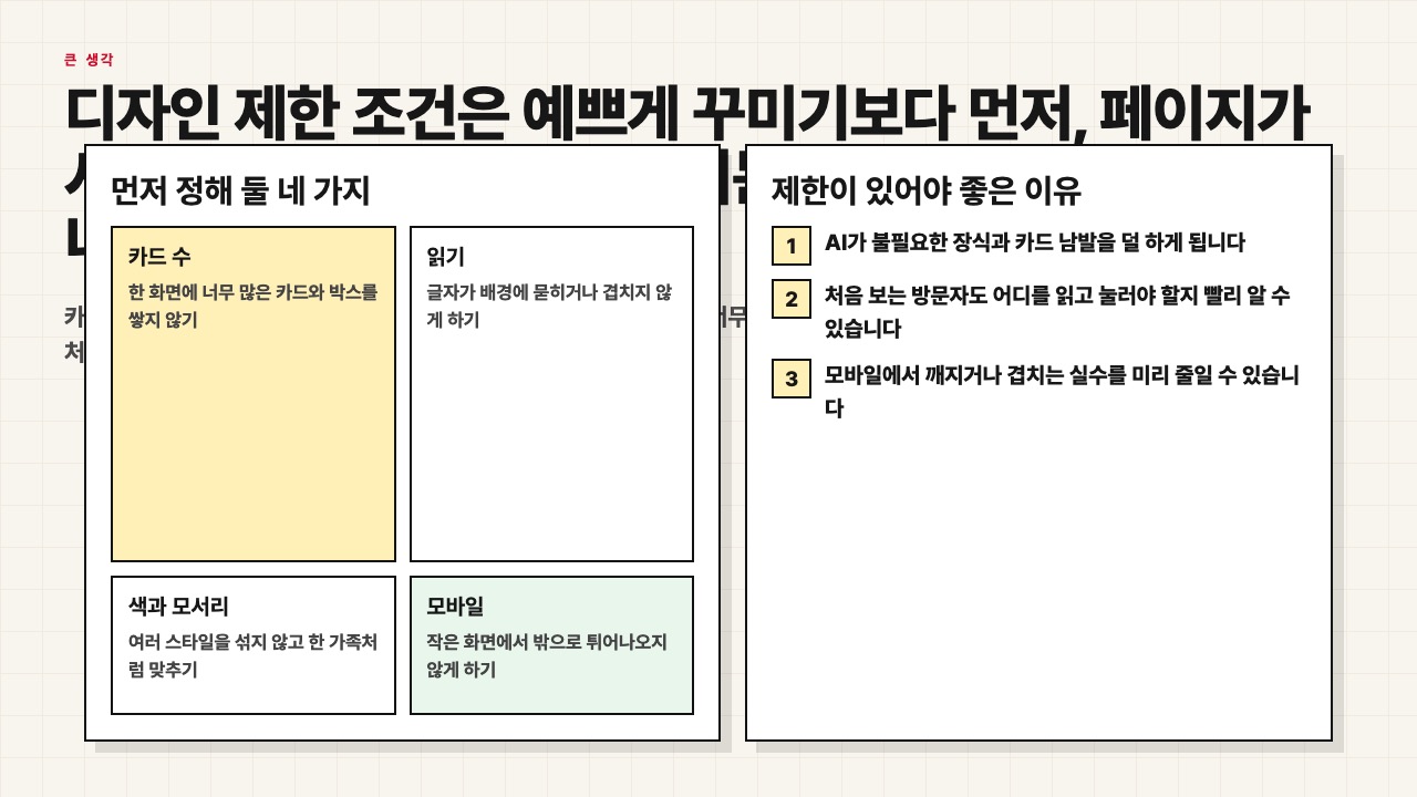 디자인 제한 조건은 페이지가 망가지지 않게 막는 안전 규칙이라는 수업용 장면