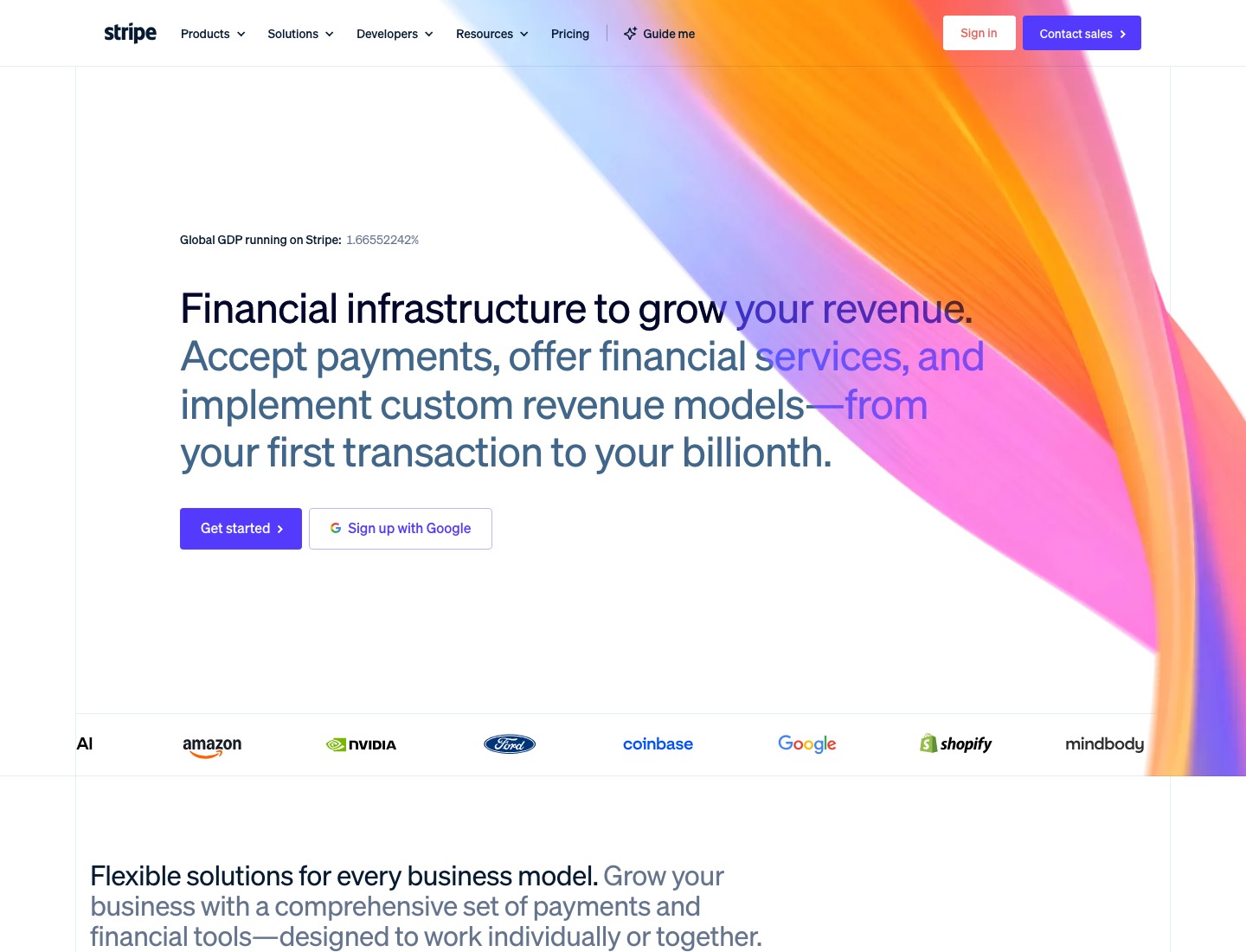 Stripe 첫 화면의 강한 비주얼과 또렷한 제목 구조 스크린샷