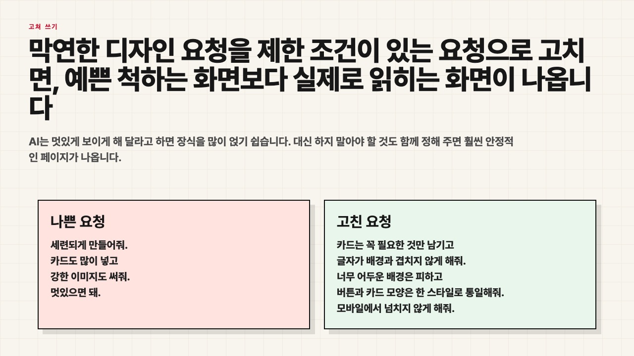 막연한 디자인 요청과 제한 조건이 포함된 요청을 비교하는 수업용 장면