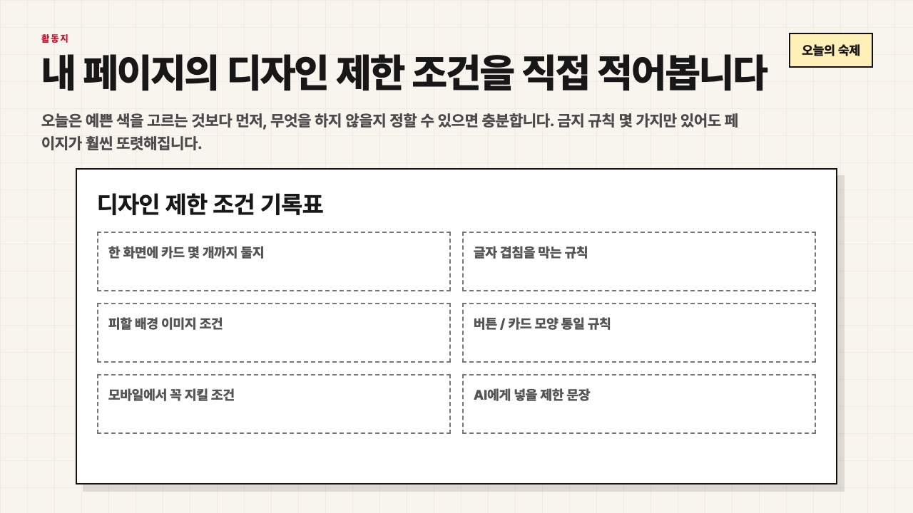 내 페이지의 디자인 제한 조건을 직접 적어보는 활동지 장면