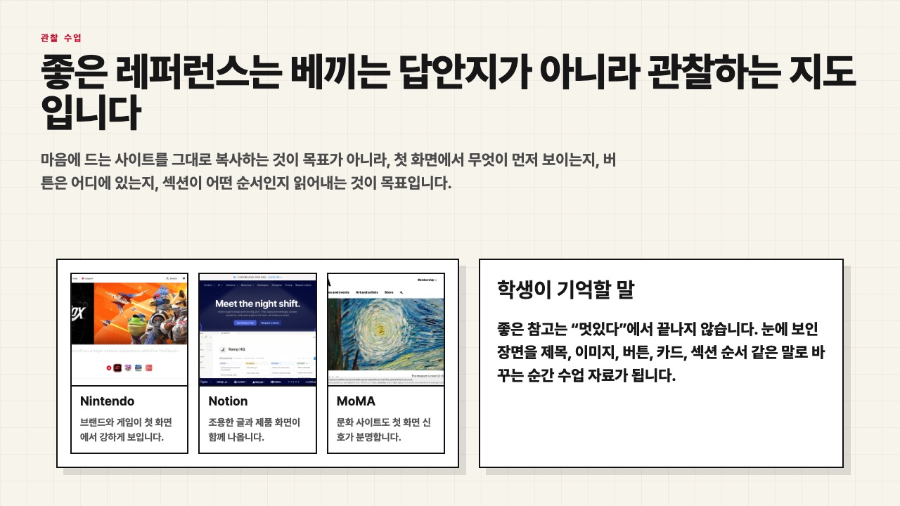좋은 레퍼런스는 베끼는 답안지가 아니라 관찰하는 지도라는 수업용 화면