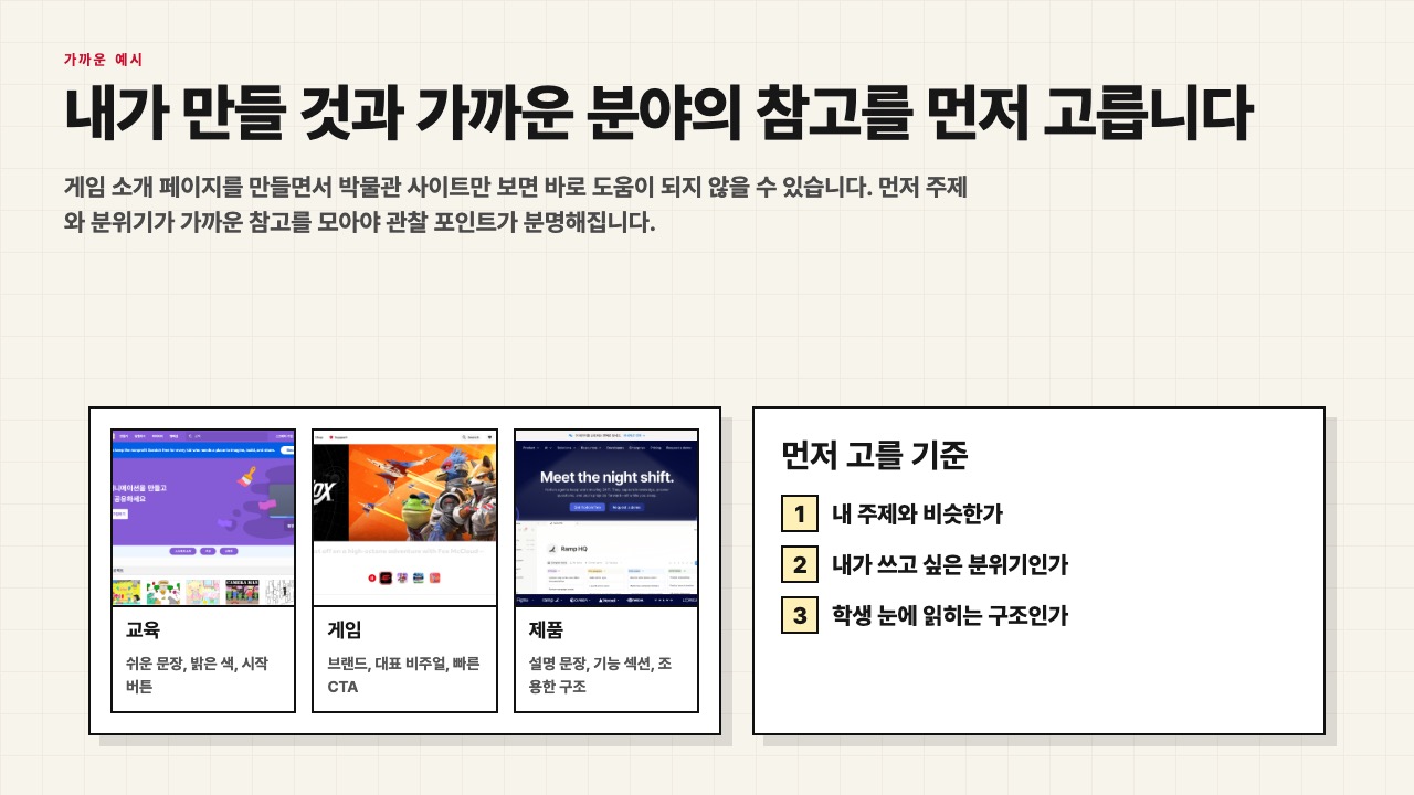 교육, 게임, 제품처럼 가까운 분야의 레퍼런스를 먼저 고르라는 수업용 화면