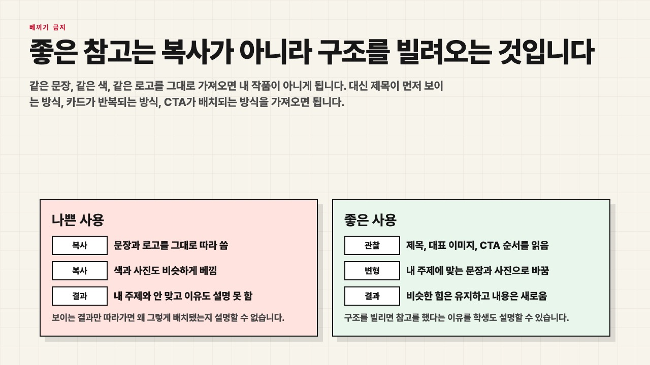 나쁜 레퍼런스 사용과 좋은 레퍼런스 사용을 비교한 수업용 화면