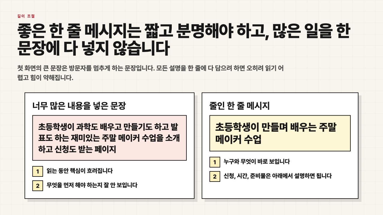 너무 긴 문장과 줄인 한 줄 메시지를 비교하는 수업용 장면