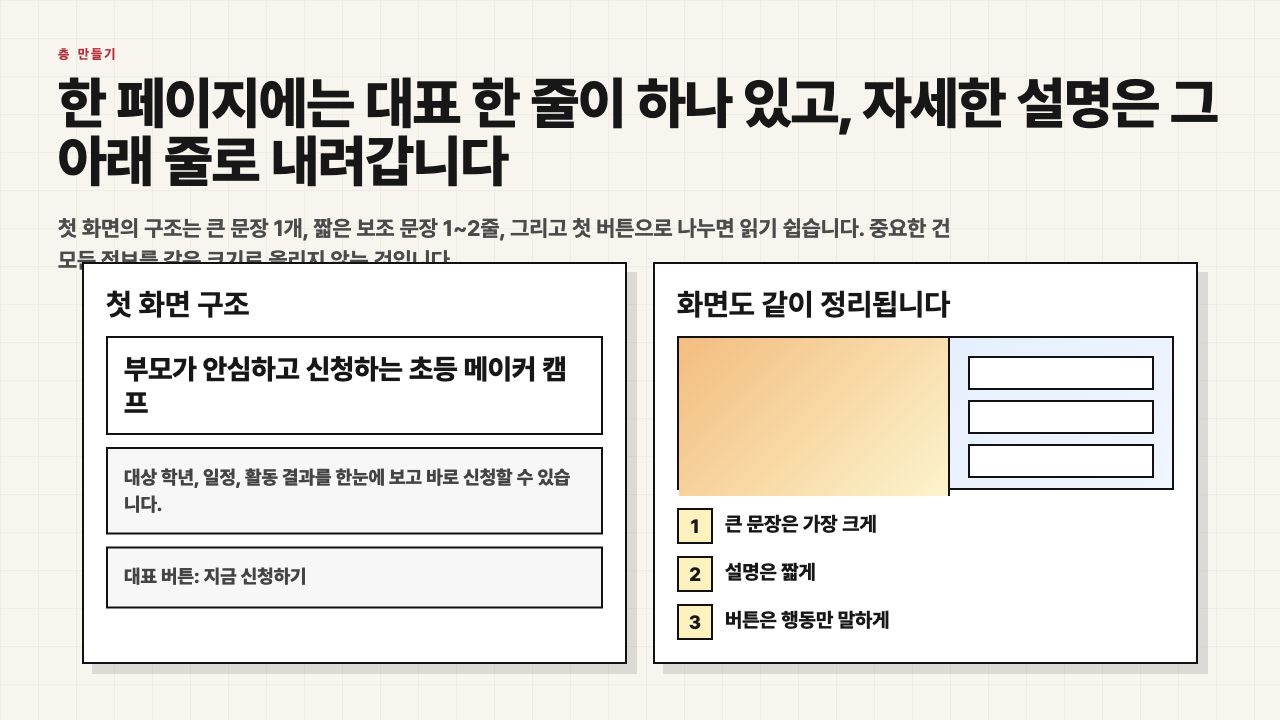 대표 한 줄과 보조 설명과 버튼으로 첫 화면 층을 나누는 수업용 장면