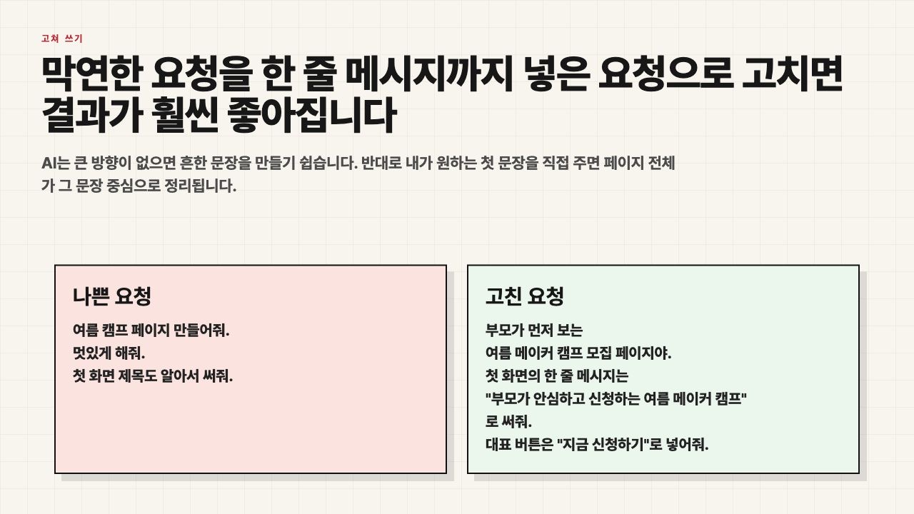 막연한 요청과 한 줄 메시지를 포함한 요청을 비교하는 수업용 장면