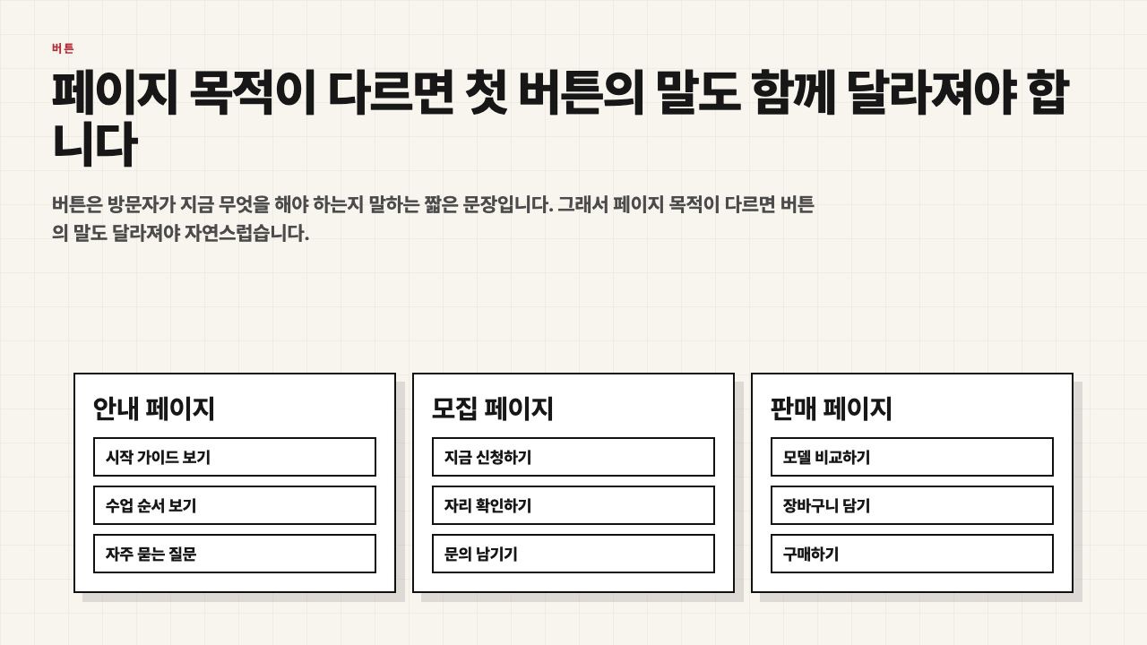 페이지 목적에 따라 첫 버튼의 말이 달라진다는 수업용 장면