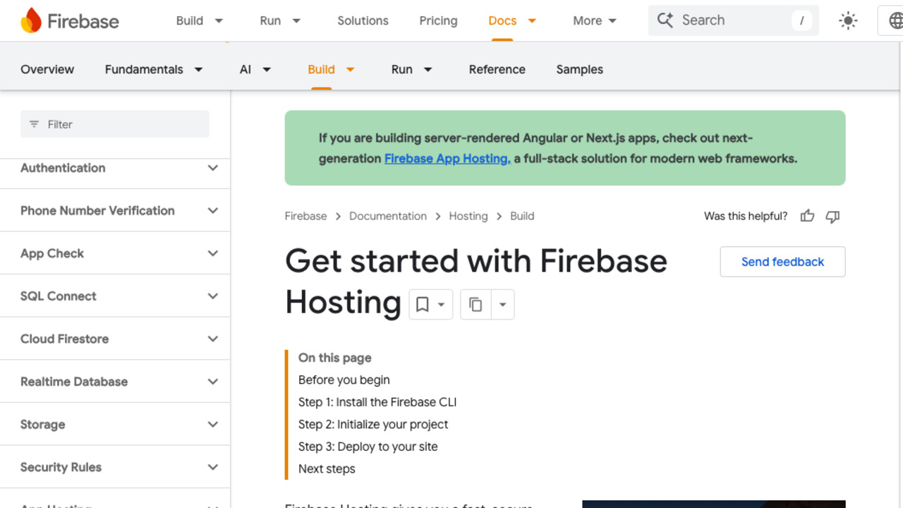 Firebase Hosting quickstart 공식 문서 스크린샷