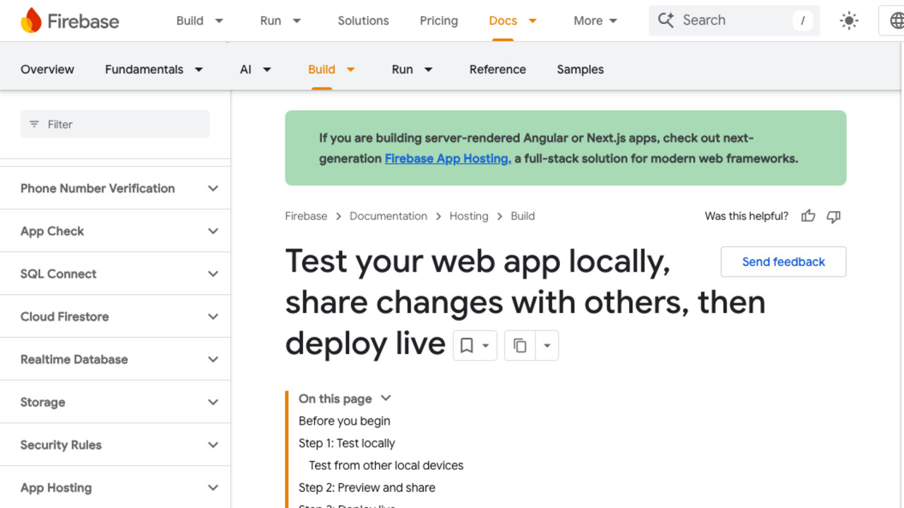Firebase test preview deploy 공식 문서 스크린샷