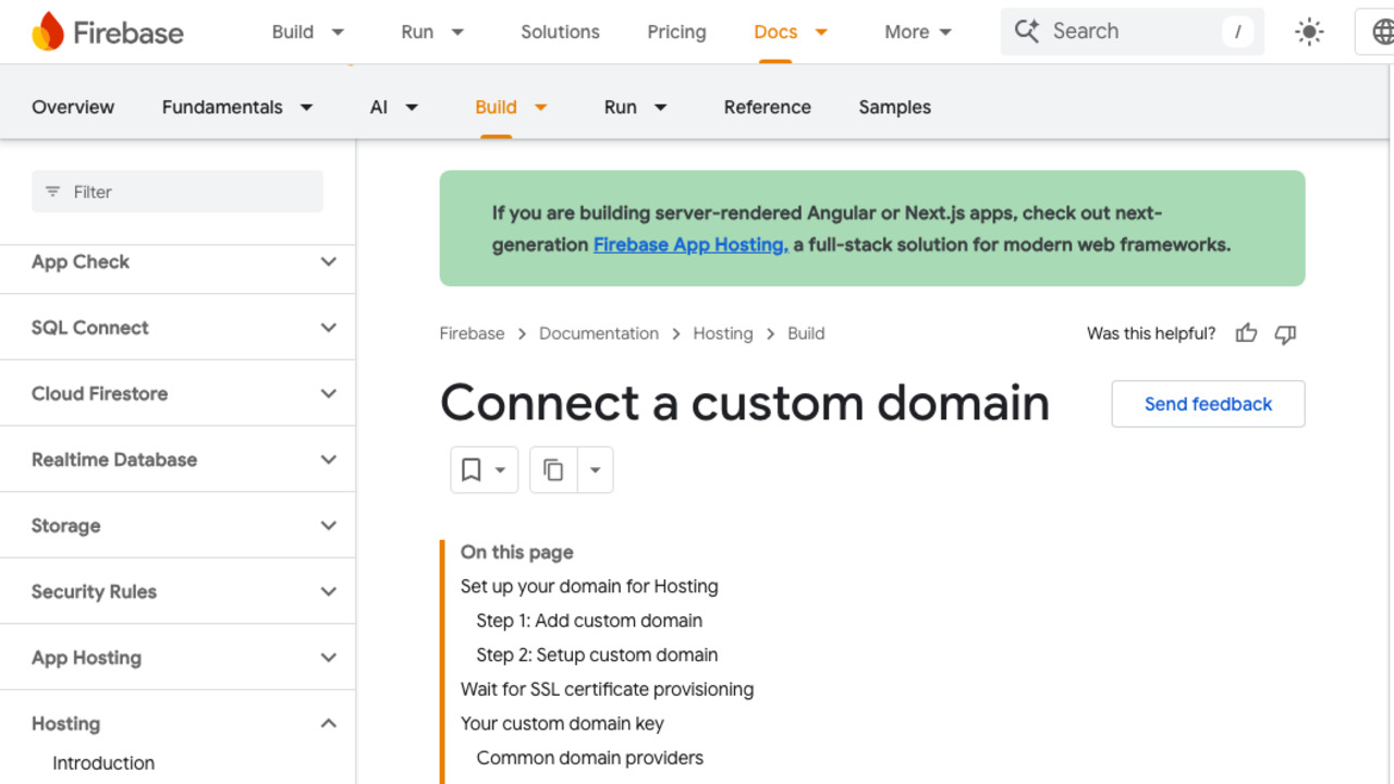 Firebase custom domain 공식 문서 스크린샷