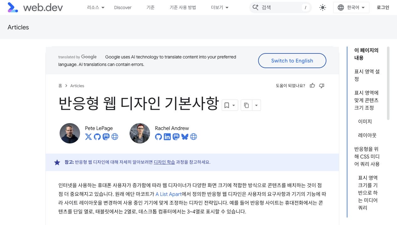 web.dev의 반응형 웹 디자인 기본사항 문서 화면