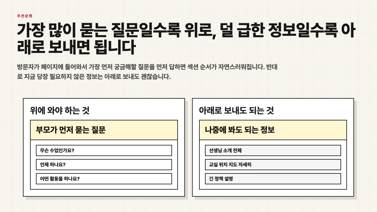 위에 와야 하는 질문과 아래로 보내도 되는 정보를 나눈 수업용 장면