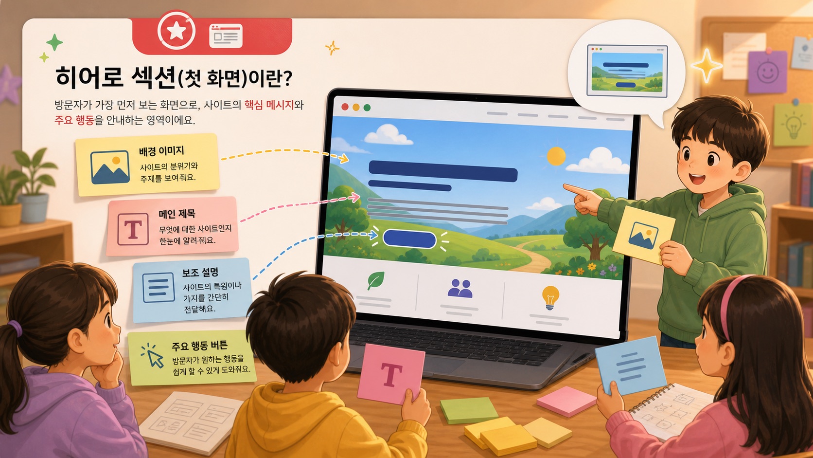 웹사이트 첫 화면 섹션을 설명하는 수업 이미지