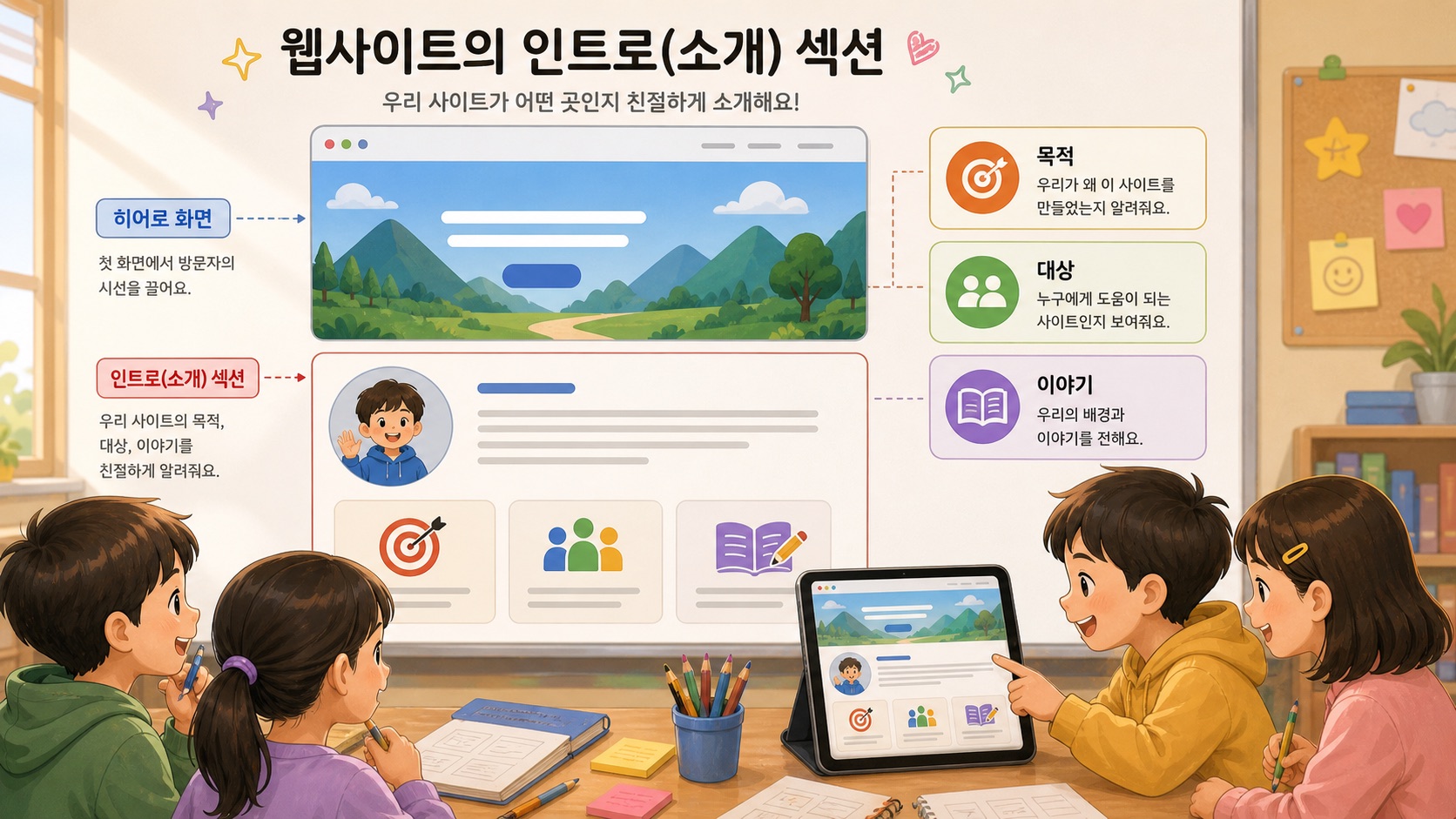 웹페이지 소개 섹션을 읽는 학생들
