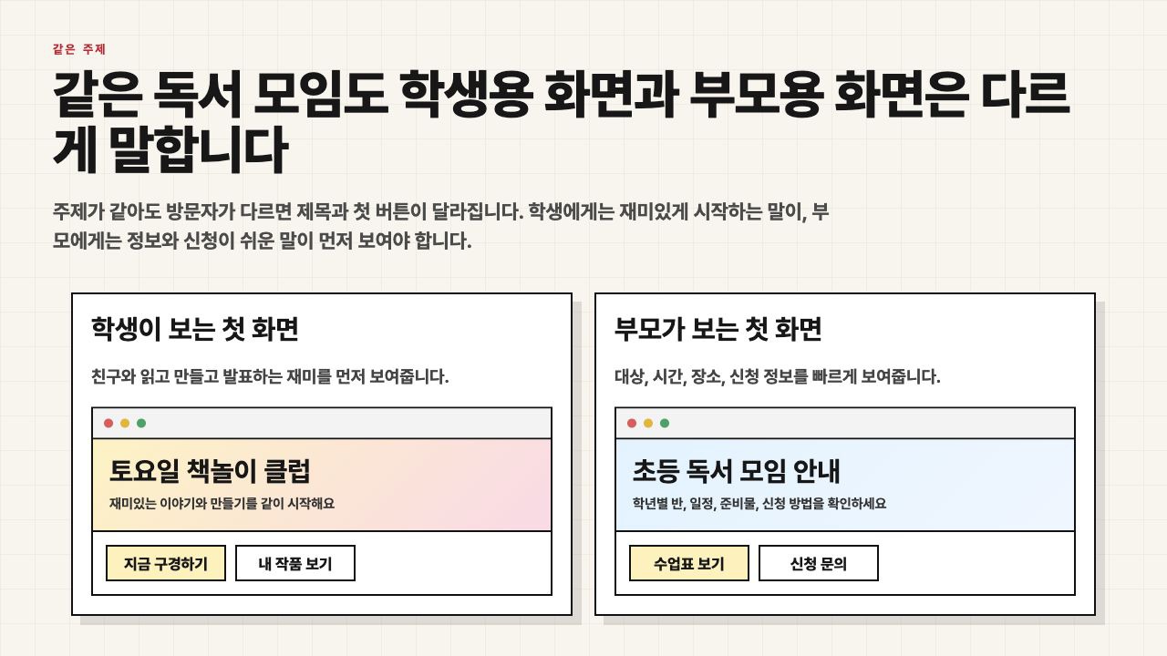 학생용 화면과 부모용 화면의 말투 차이를 보여주는 수업용 장면