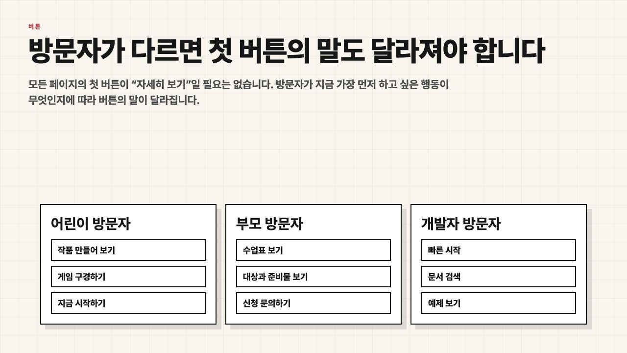방문자에 따라 첫 버튼의 말이 달라진다는 수업용 장면