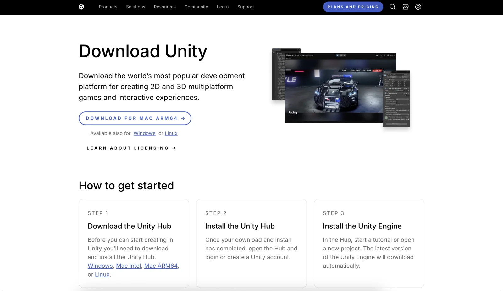 운영체제에 맞는 Unity Hub를 다운로드하는 화면