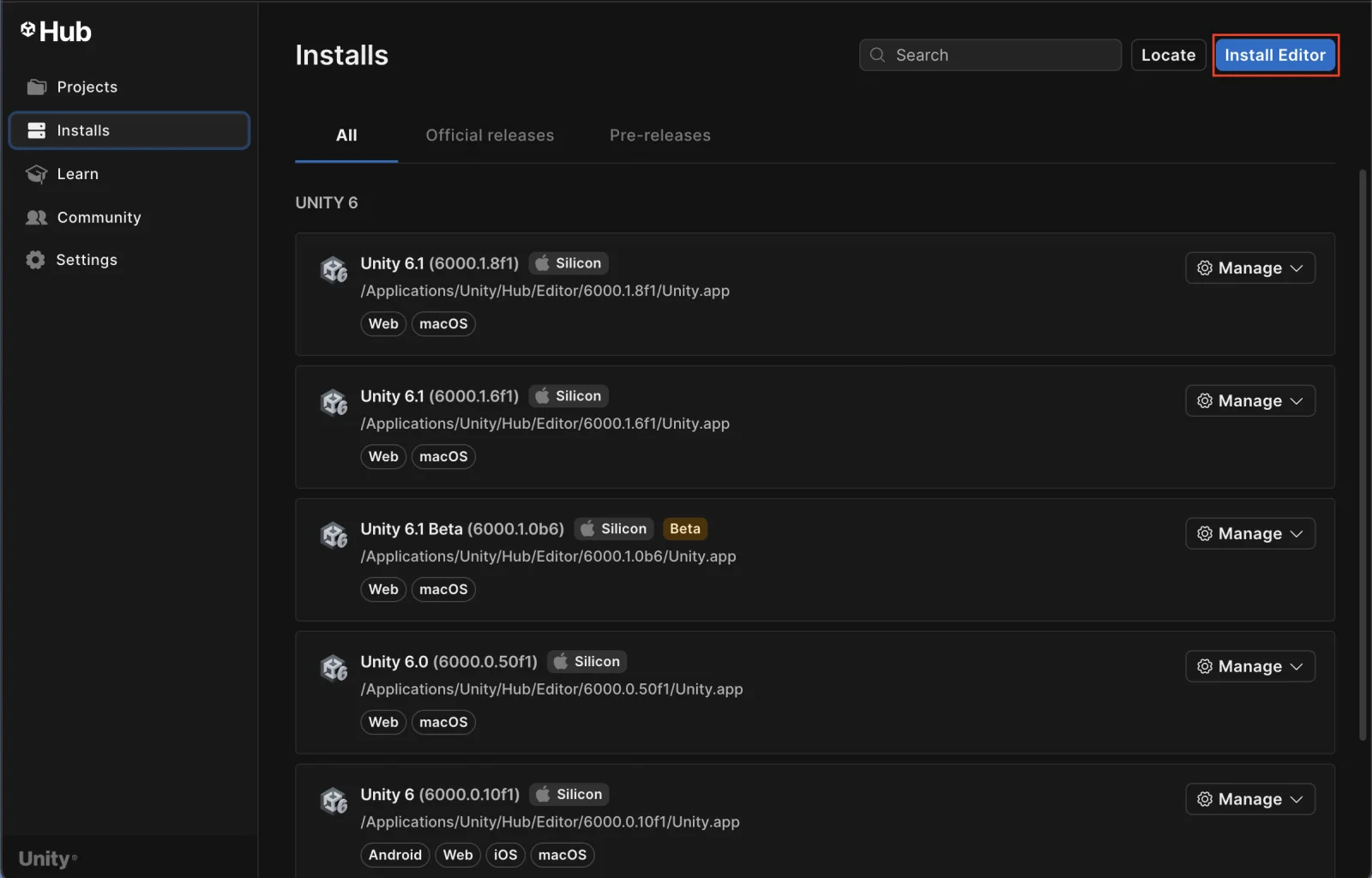 Unity Hub Installs 탭과 Install Editor 버튼