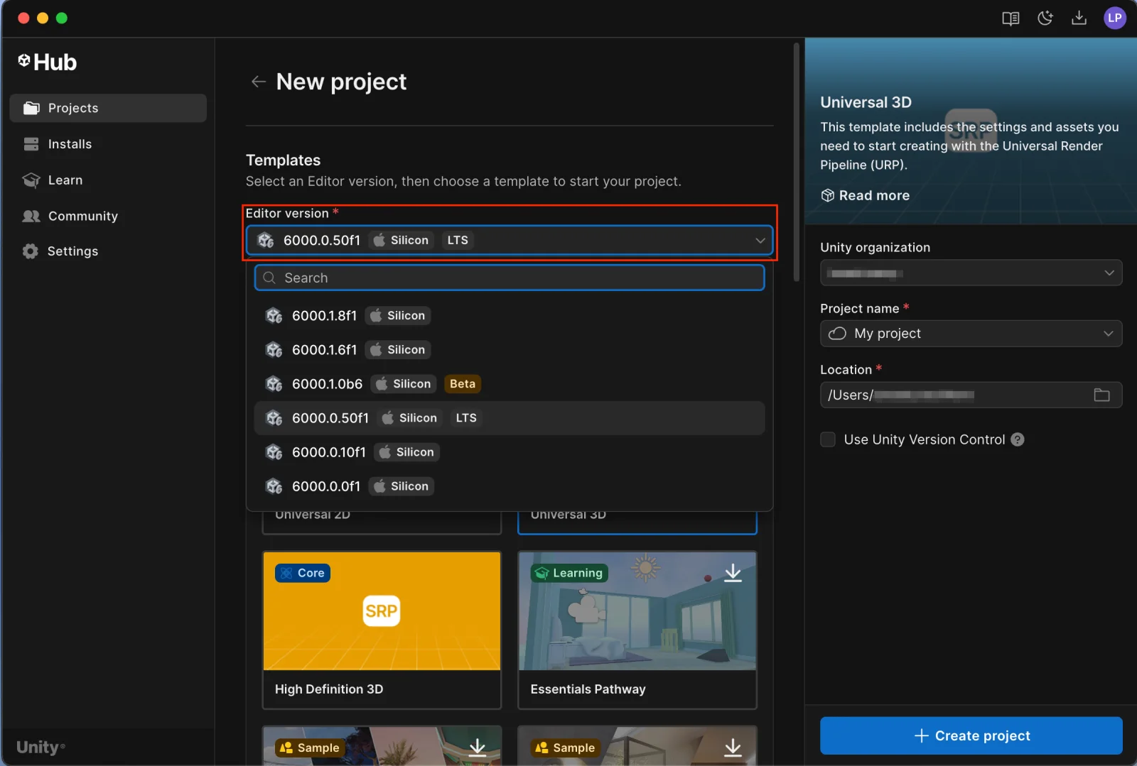 Unity 프로젝트 템플릿과 Editor 버전을 고르는 화면