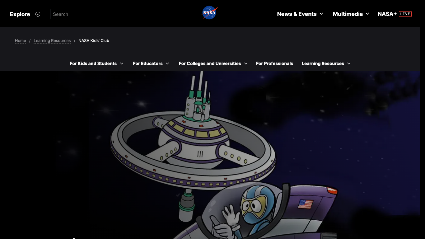 NASA Kids Club 웹 레퍼런스 스크린샷