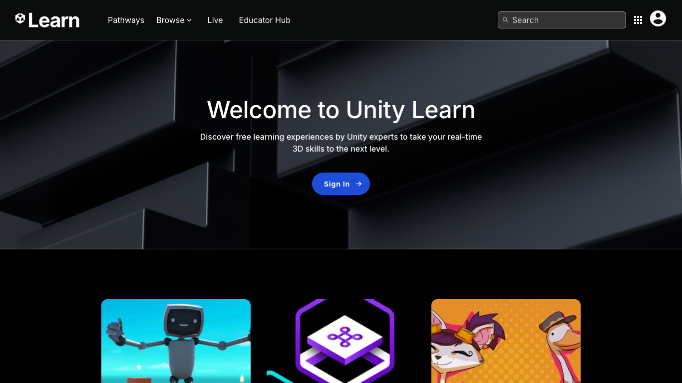 Unity Learn 웹 레퍼런스 스크린샷